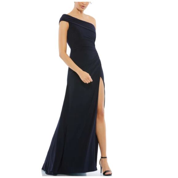 Mac Duggal Ieena 26517 Dress Foldover Off-The-Shoulder Slit Gown Navy Size 14 - Picture 1 of 10